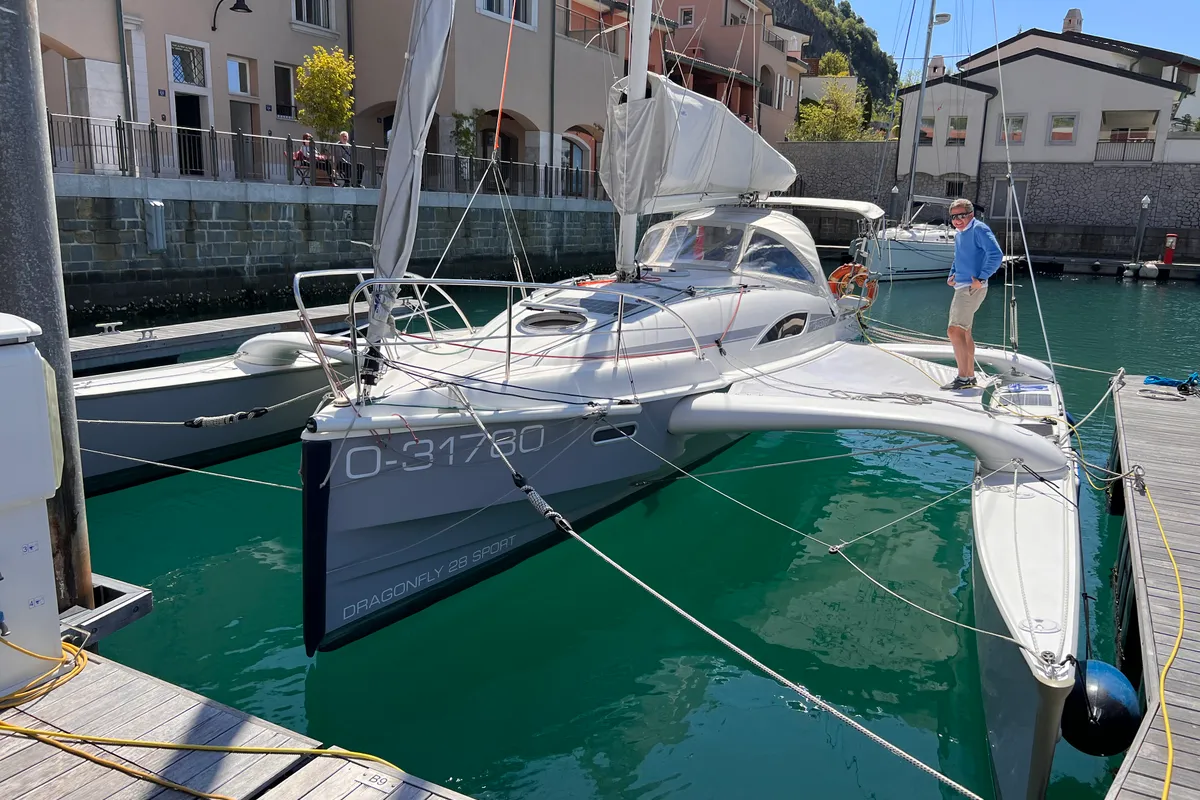 Exterior view of Gulet Trimaran, a sailboat at Duino Aurisina, Italy