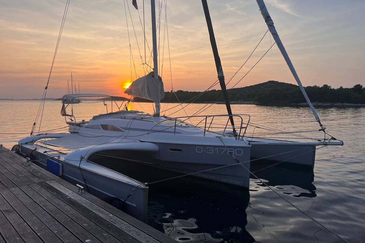 Exterior view of Gulet Trimaran, a sailboat at Duino Aurisina, Italy