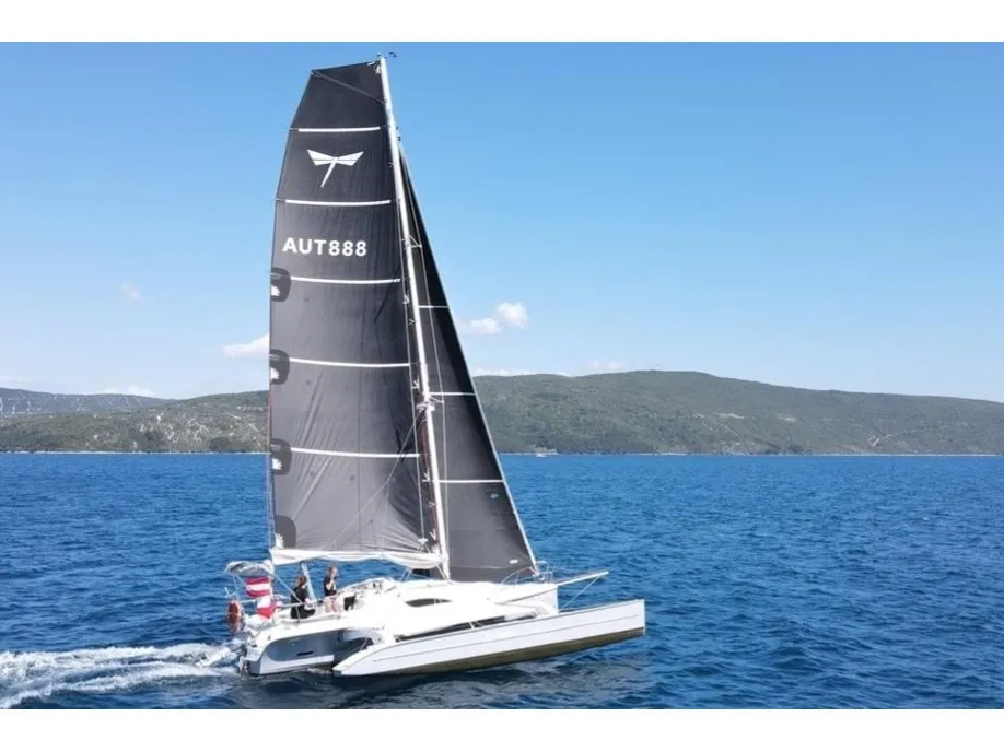 Exterior view of Gulet Trimaran, a sailboat at Duino Aurisina, Italy