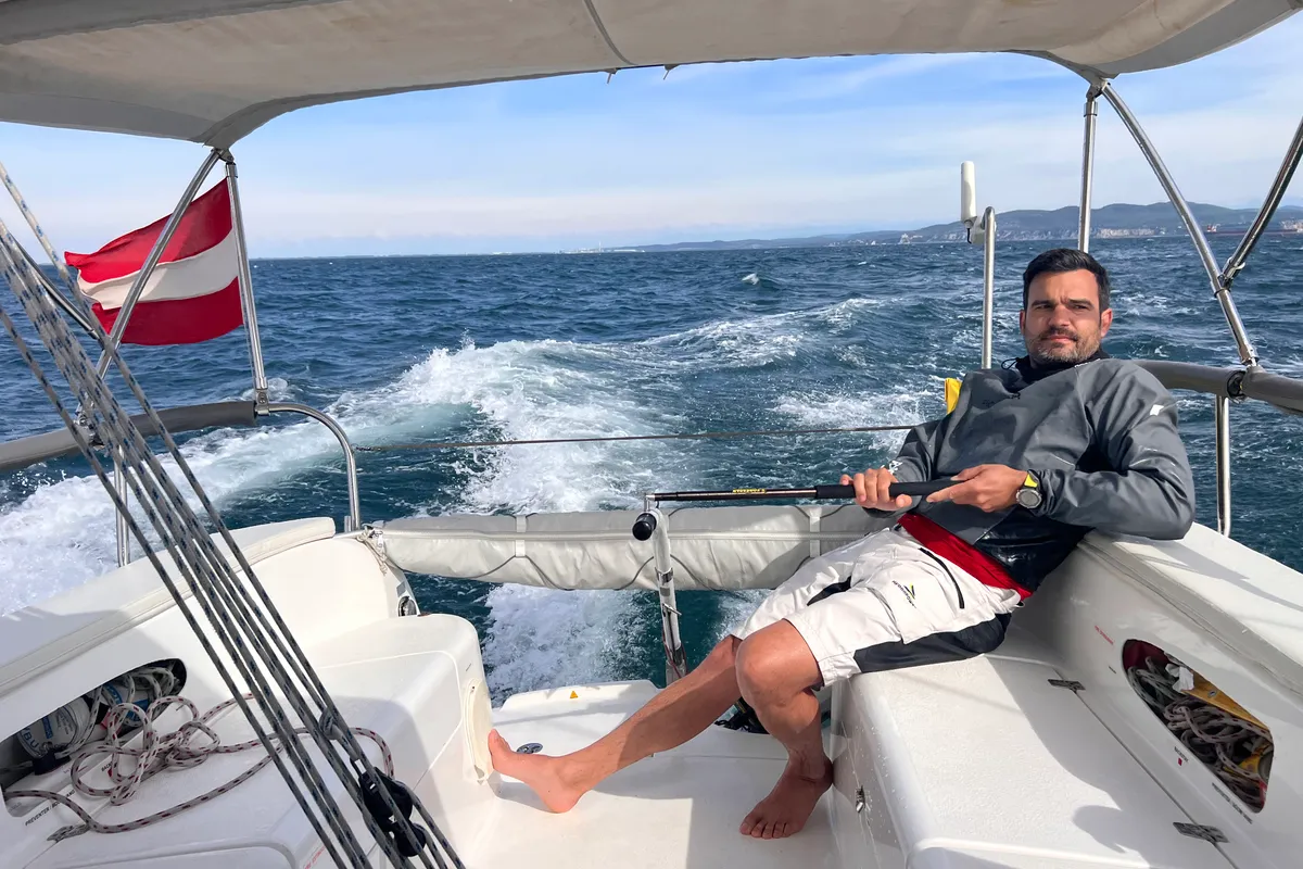 Cockpit of Gulet Trimaran, a sailboat at Duino Aurisina, Italy