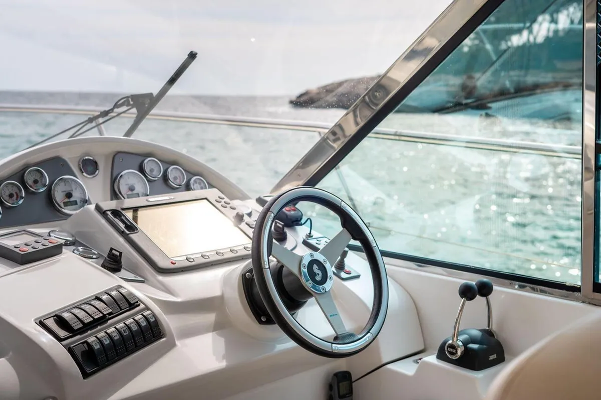 Cockpit of Helen Rose, a Beneteau Antares 12 Fly motor yacht at Medulin, Croatia