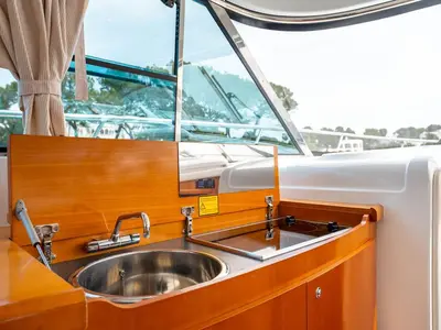Galley of Helen Rose, a Beneteau Antares 12 Fly motor yacht at Medulin, Croatia