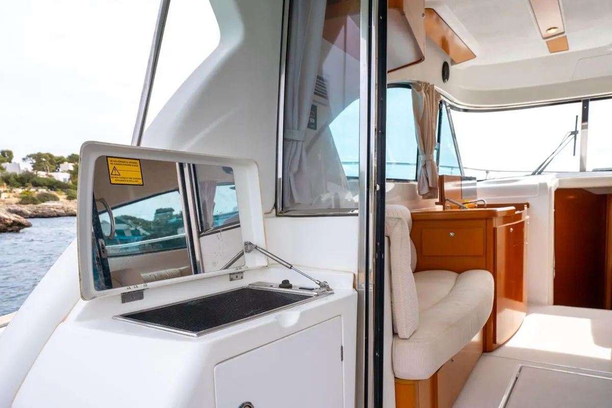 Deck of Helen Rose, a Beneteau Antares 12 Fly motor yacht at Medulin, Croatia