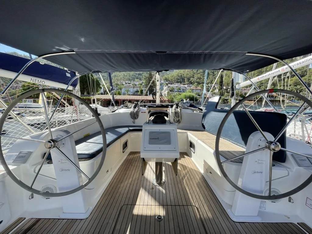 Cockpit of Amaris, a Bavaria Cruiser 46 sailboat at Fethiye, Turkey