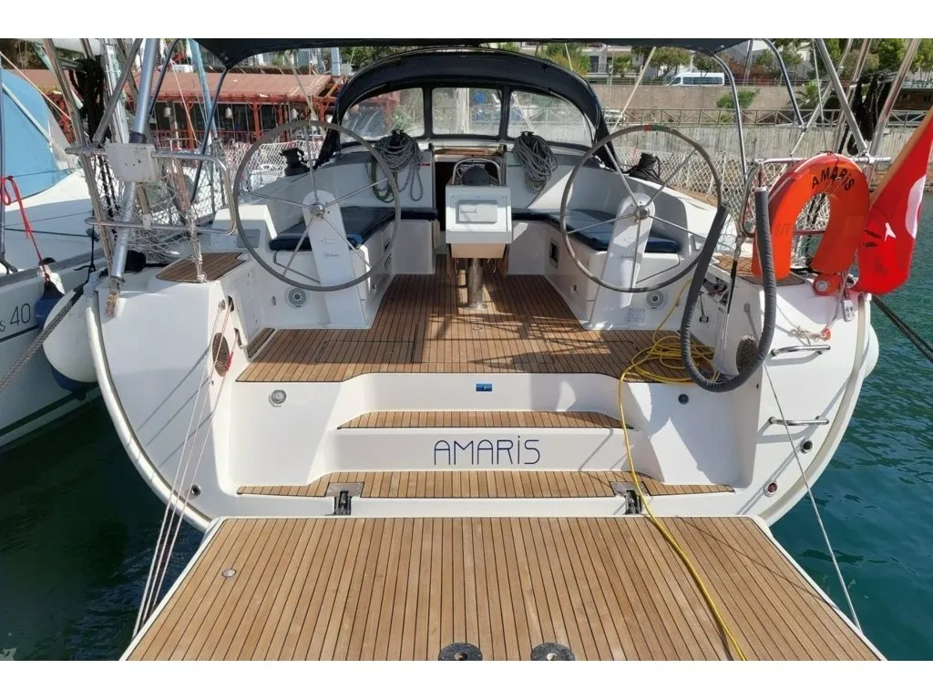 Exterior view of Amaris, a Bavaria Cruiser 46 sailboat at Fethiye, Turkey