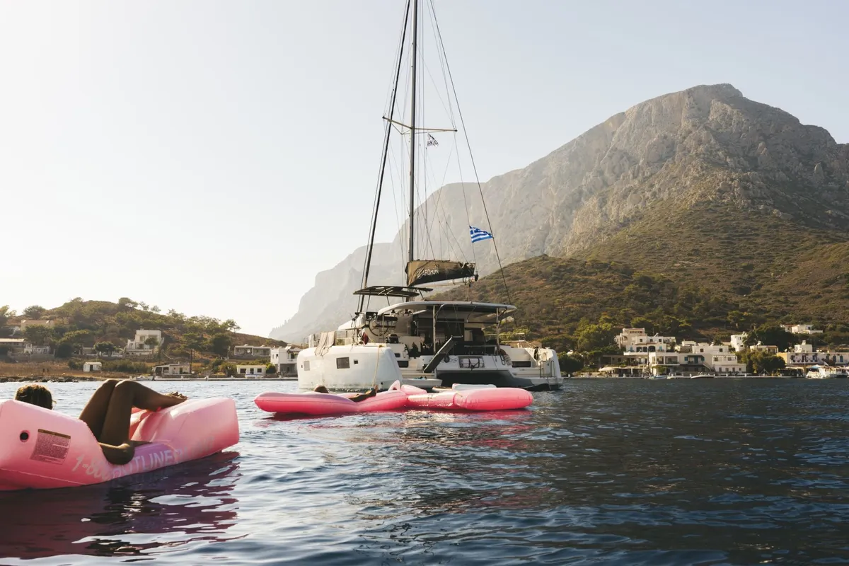 Exterior view of Aenaos, a Lagoon 42 catamaran at Municipal Unit of Rhodes, Greece