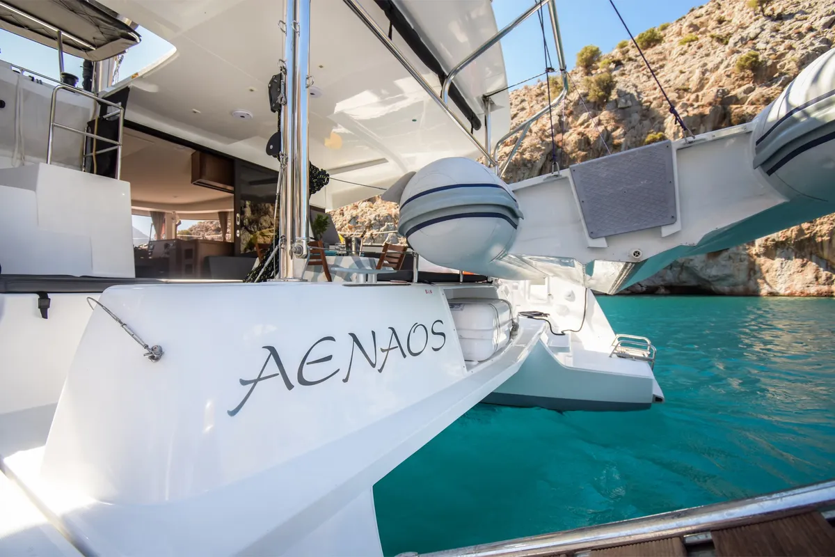 Exterior view of Aenaos, a Lagoon 42 catamaran at Municipal Unit of Rhodes, Greece