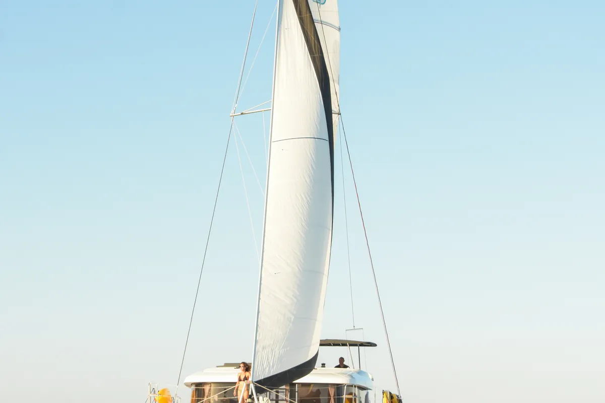 Exterior view of Aenaos, a Lagoon 42 catamaran at Municipal Unit of Rhodes, Greece