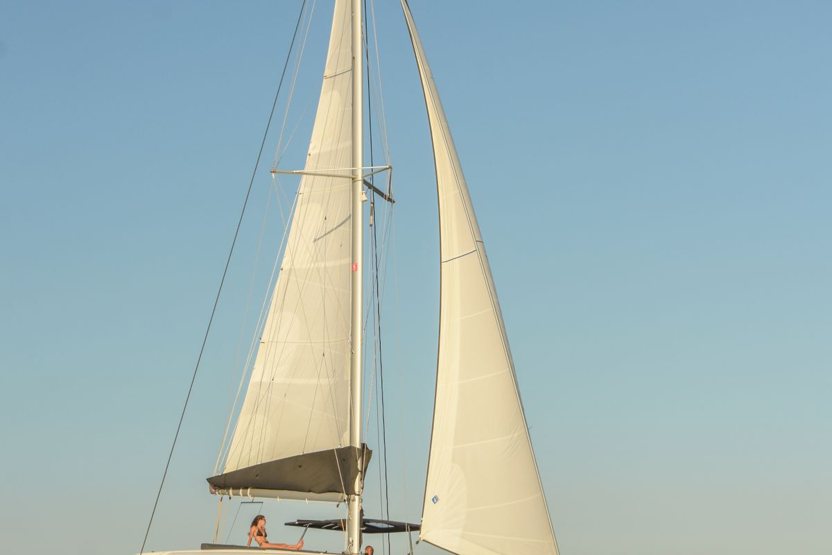 Exterior view of Aenaos, a Lagoon 42 catamaran at Municipal Unit of Rhodes, Greece