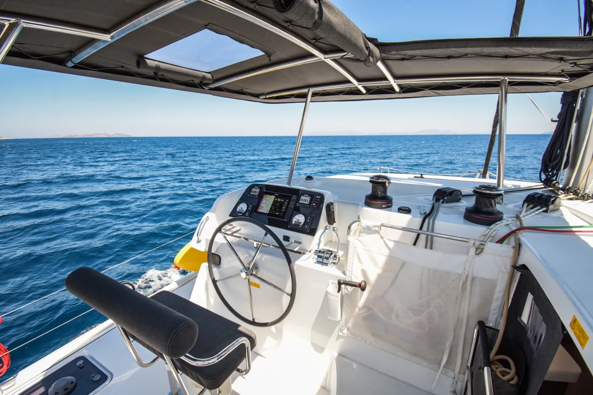 Cockpit of Aenaos, a Lagoon 42 catamaran at Municipal Unit of Rhodes, Greece