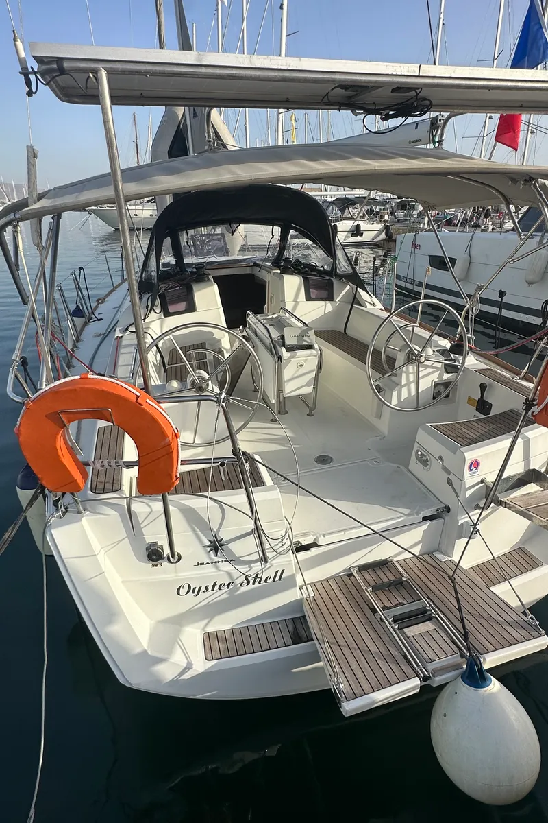 Exterior view of OYSTER SHELL, a Jeanneau Sun Odyssey 379 sailboat at Athens, Greece