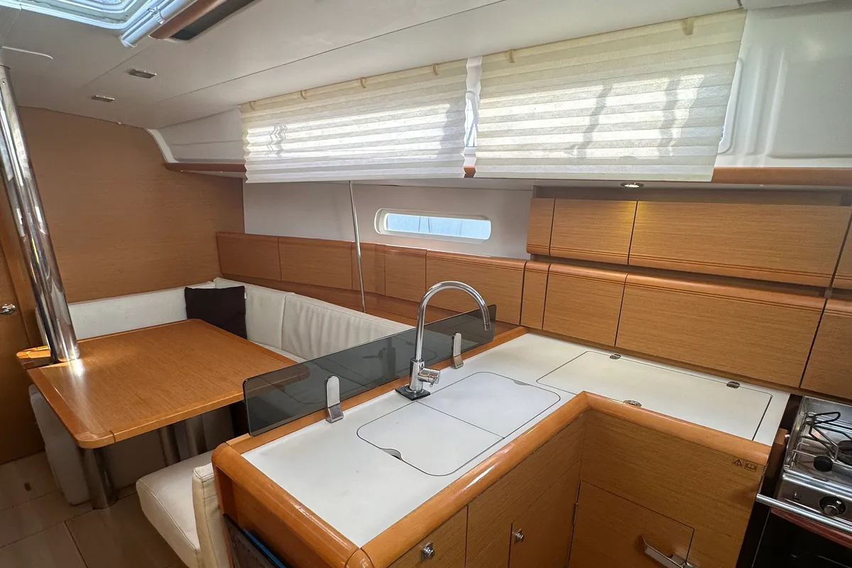 Galley of OYSTER SHELL, a Jeanneau Sun Odyssey 379 sailboat at Athens, Greece