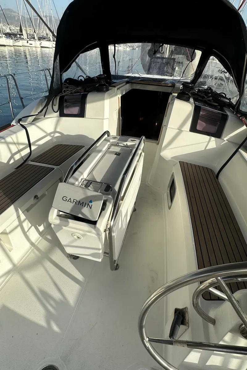Cockpit of OYSTER SHELL, a Jeanneau Sun Odyssey 379 sailboat at Athens, Greece