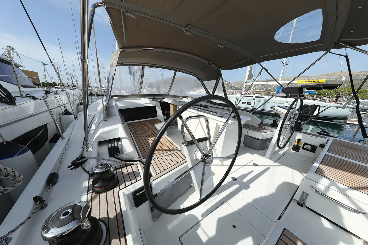 Cockpit of Air 2, a Beneteau Oceanis 46.1 sailboat at Grad Trogir, Croatia