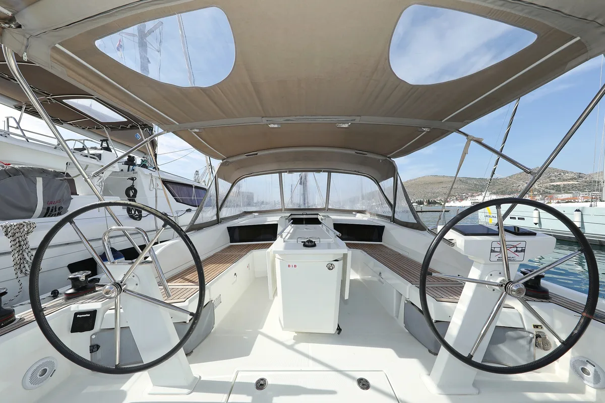 Cockpit of Air 2, a Beneteau Oceanis 46.1 sailboat at Grad Trogir, Croatia