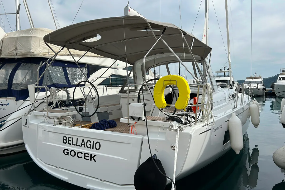 Exterior view of Bellagio, a Beneteau Oceanis 46.1 sailboat at Fethiye, Turkey