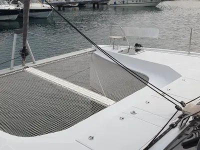 Deck of Lullaby, a Nautitech 40 Open catamaran at Tropea, Italy