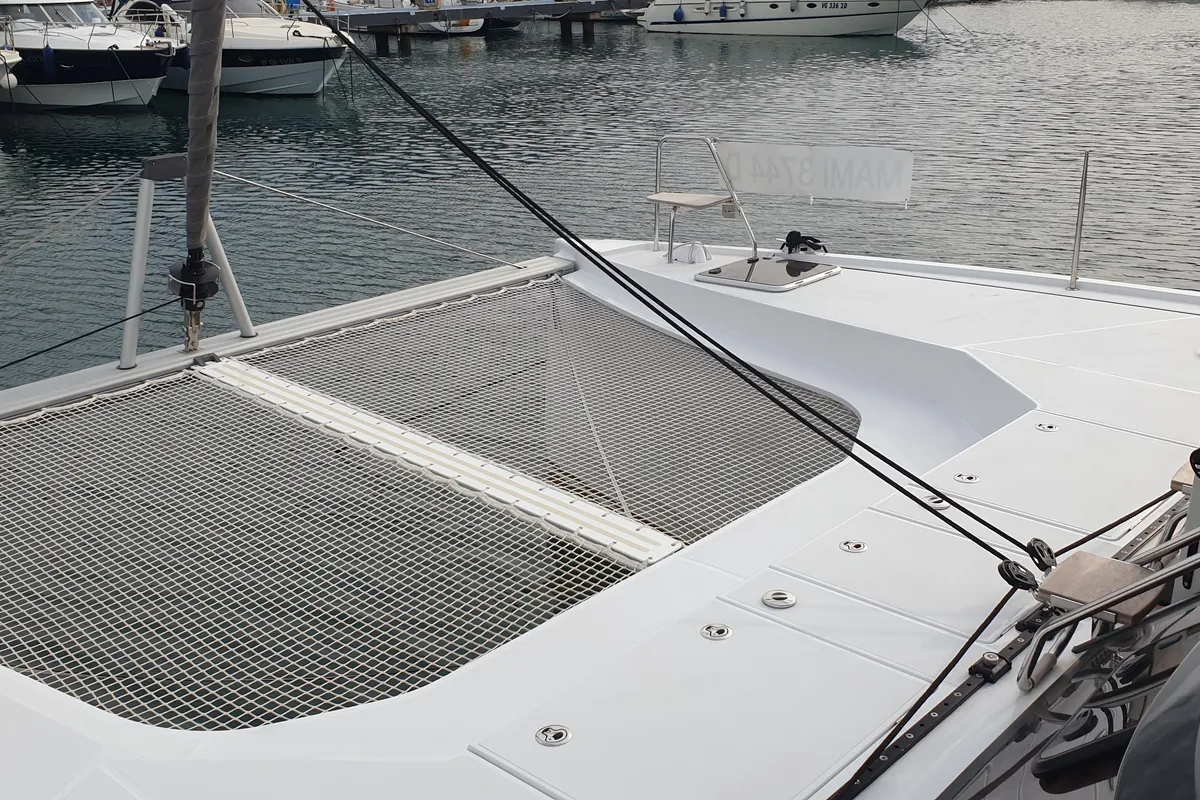 Deck of Lullaby, a Nautitech 40 Open catamaran at Tropea, Italy