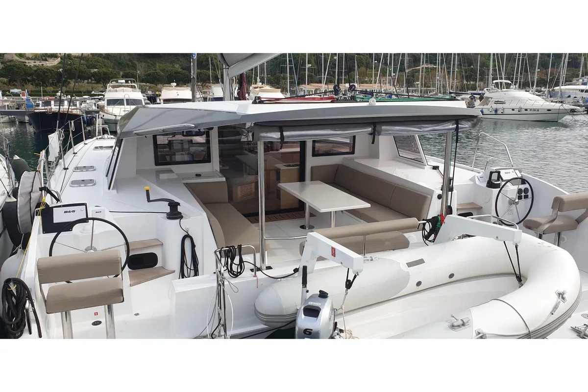 Deck of Lullaby, a Nautitech 40 Open catamaran at Tropea, Italy