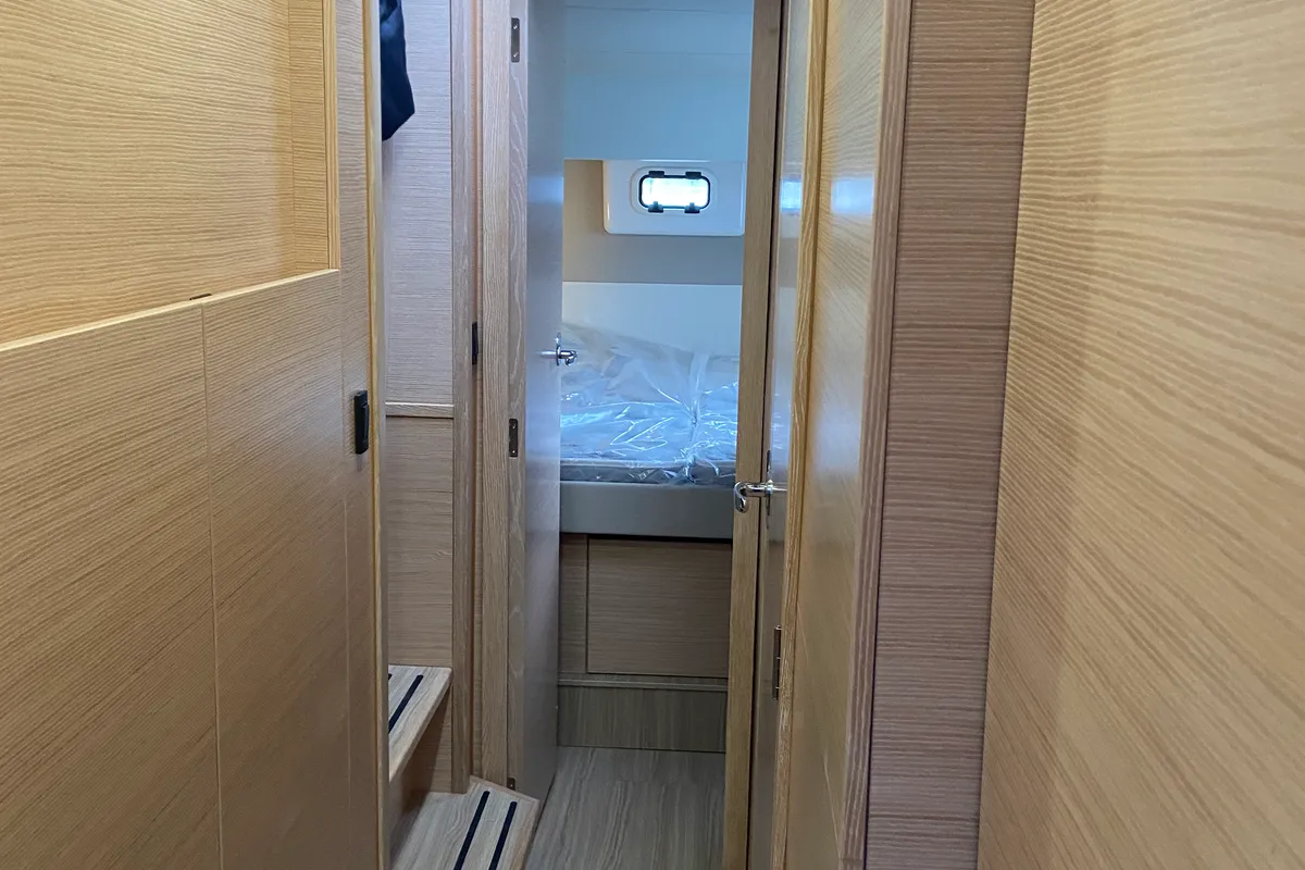 Cabin on Lullaby, a Nautitech 40 Open catamaran at Tropea, Italy
