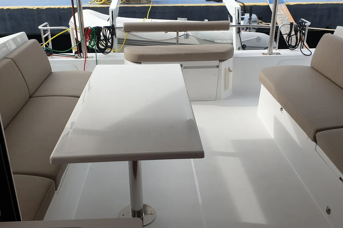 Deck of Lullaby, a Nautitech 40 Open catamaran at Tropea, Italy