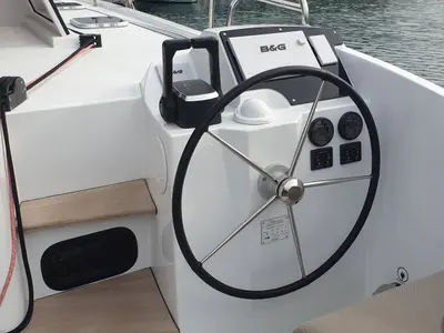 Cockpit of Lullaby, a Nautitech 40 Open catamaran at Tropea, Italy