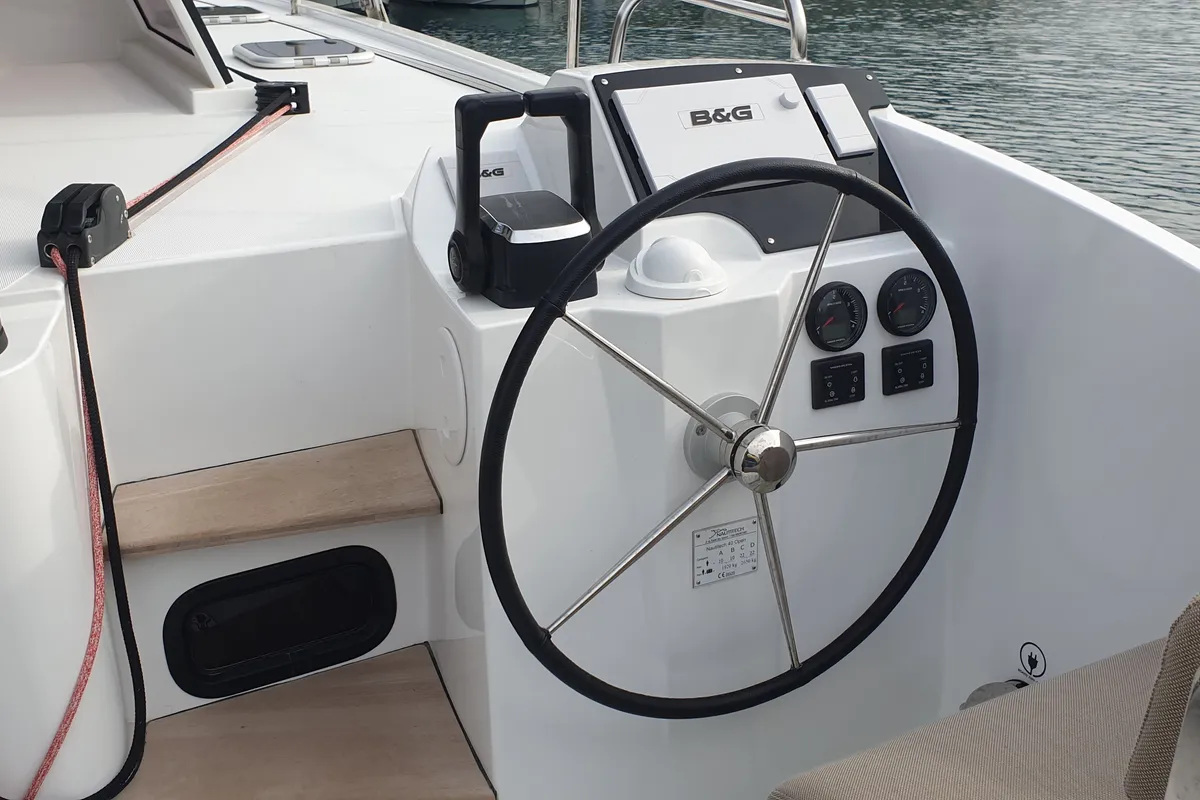 Cockpit of Lullaby, a Nautitech 40 Open catamaran at Tropea, Italy