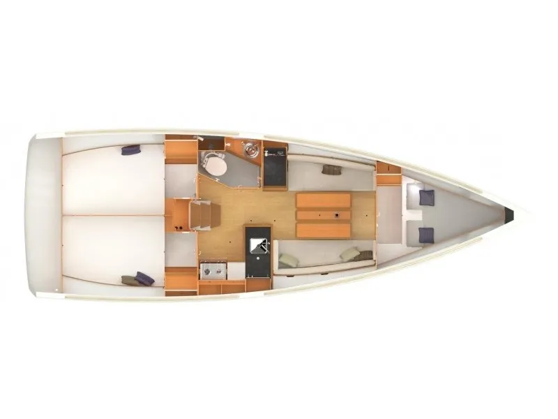 Floor plan of Helios, a Jeanneau Sun Odyssey 349 sailboat at Trapani, Italy
