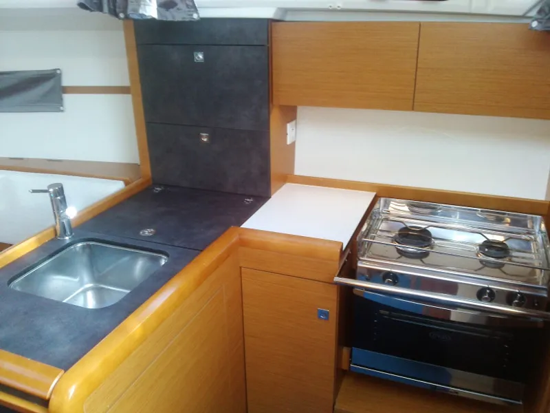 Galley of Helios, a Jeanneau Sun Odyssey 349 sailboat at Trapani, Italy
