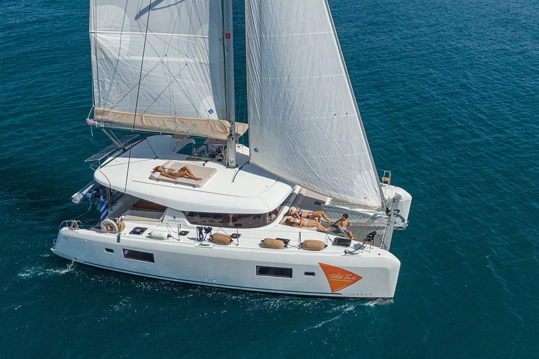 Exterior view of Catalina, a Lagoon 42 catamaran at Municipal Unit of Anaktorio, Greece