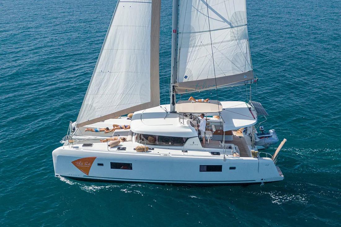 Exterior view of Catalina, a Lagoon 42 catamaran at Municipal Unit of Anaktorio, Greece