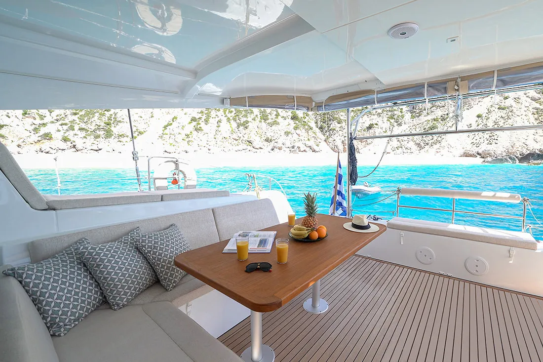Deck of Catalina, a Lagoon 42 catamaran at Municipal Unit of Anaktorio, Greece