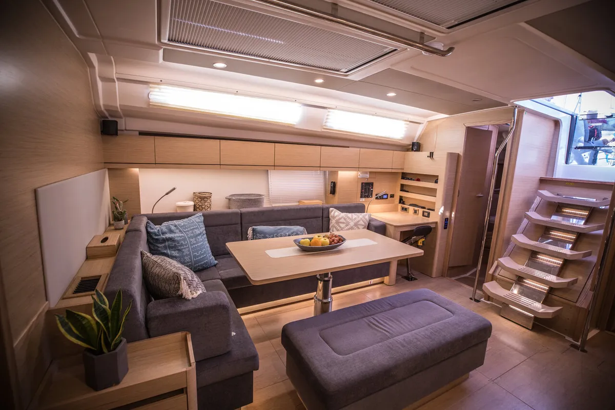 Salon of Phaedra, a Hanse 508 sailboat at Lavrion, Greece