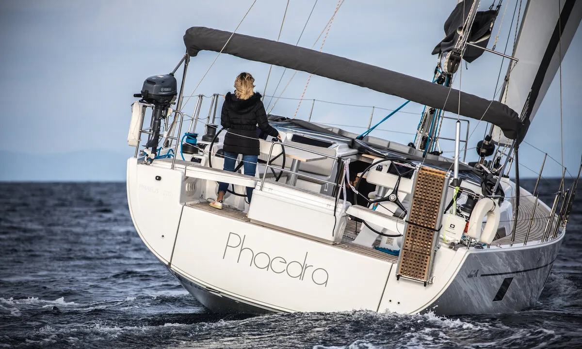 Exterior view of Phaedra, a Hanse 508 sailboat at Lavrion, Greece