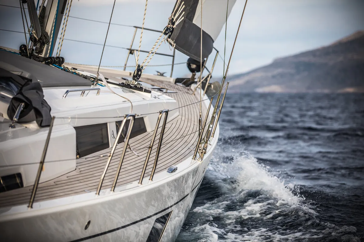 Exterior view of Phaedra, a Hanse 508 sailboat at Lavrion, Greece