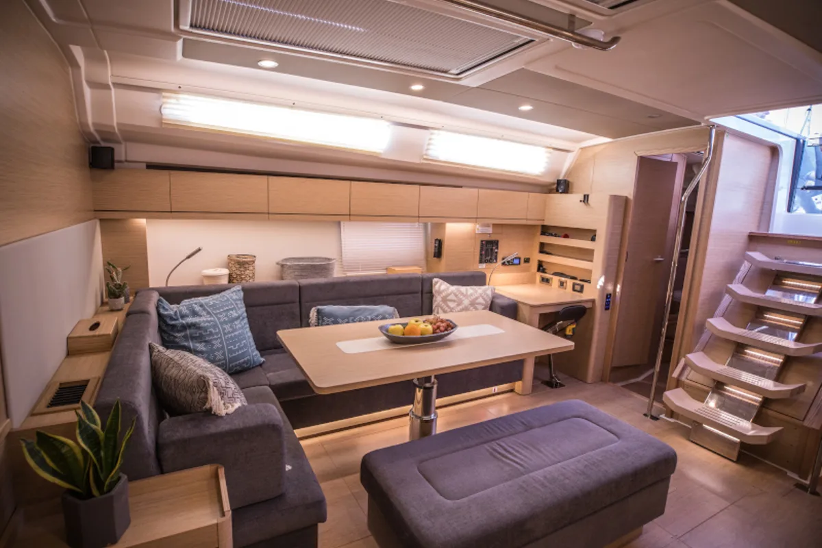 Salon of Phaedra, a Hanse 508 sailboat at Lavrion, Greece