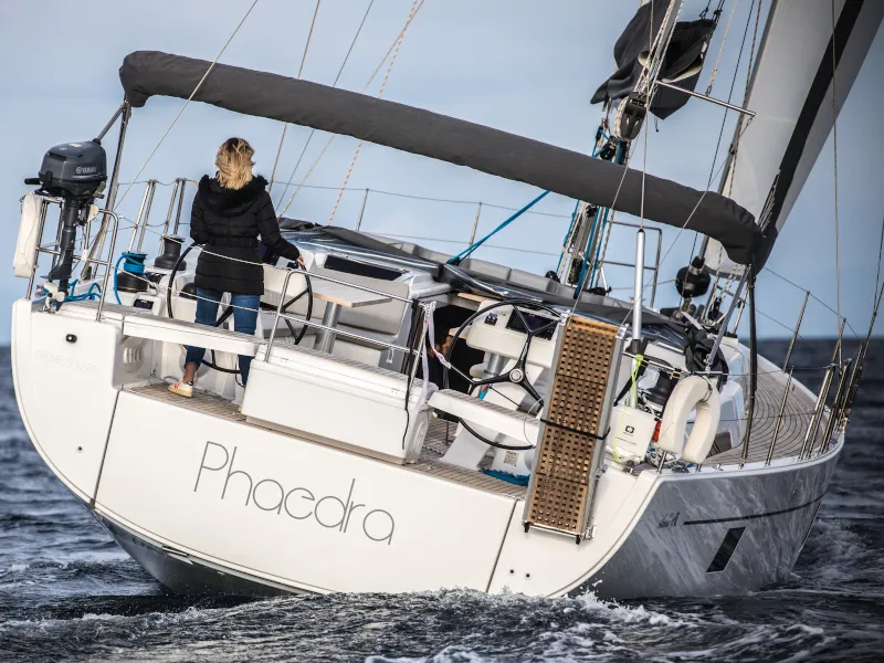 Exterior view of Phaedra, a Hanse 508 sailboat at Lavrion, Greece