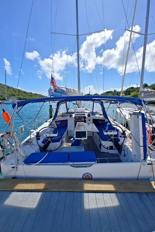 Cockpit of Sunshine Daydream, a Dufour 430 sailboat at Charlotte Amalie, United States