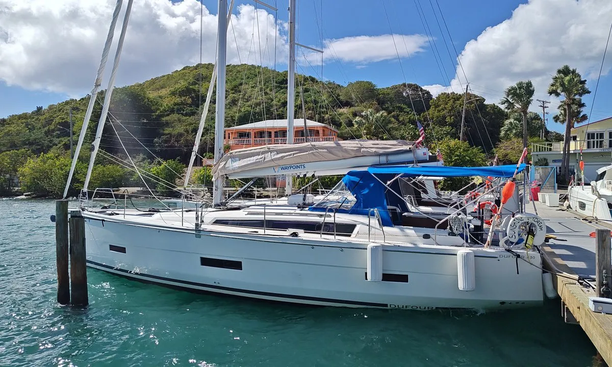 Deck of Sunshine Daydream, a Dufour 430 sailboat at Charlotte Amalie, United States