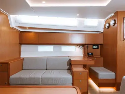 Salon of Calipso, a Bavaria C50 sailboat at Castellammare del Golfo, Italy