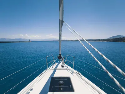 Deck of Calipso, a Bavaria C50 sailboat at Castellammare del Golfo, Italy