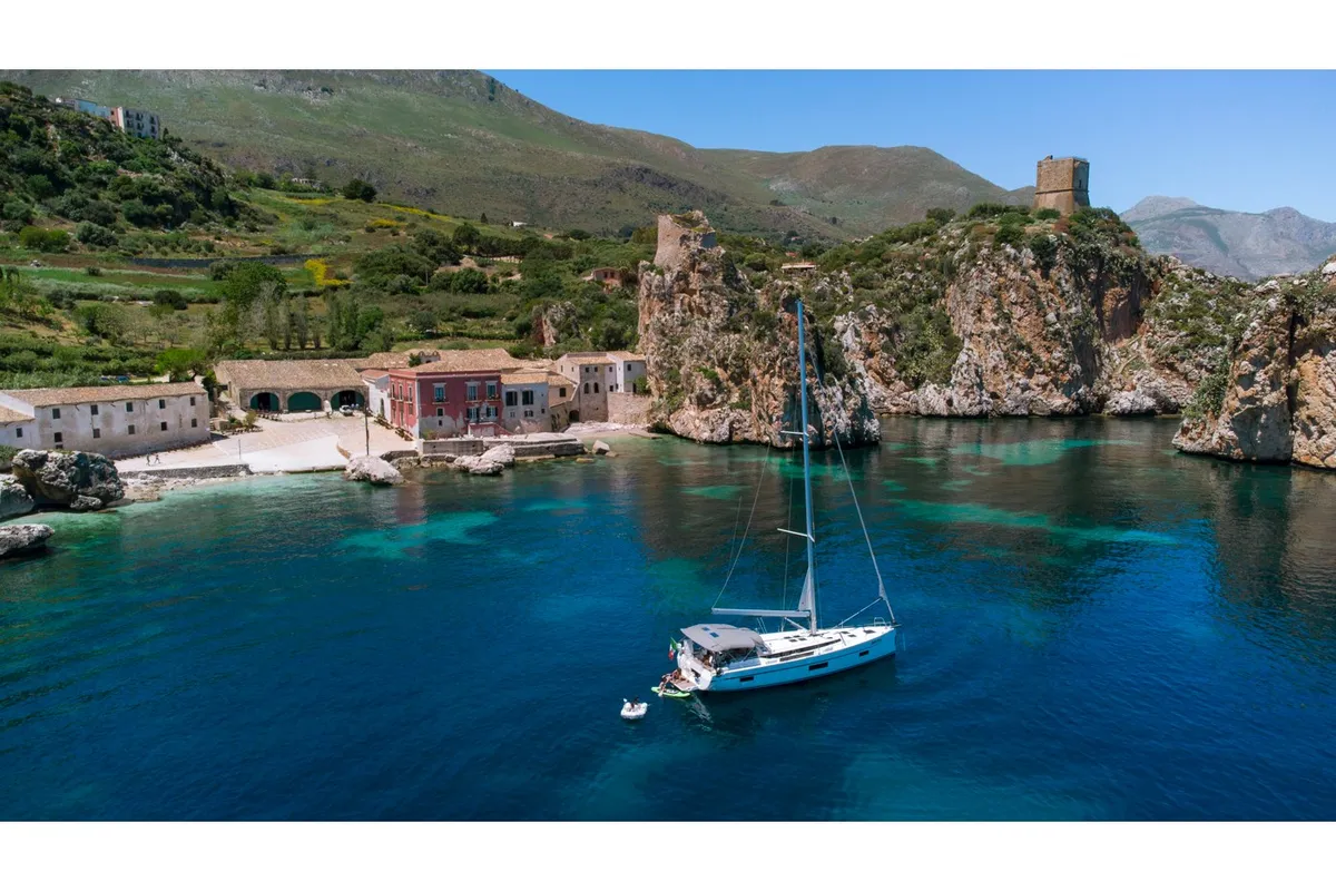 Exterior view of Calipso, a Bavaria C50 sailboat at Castellammare del Golfo, Italy
