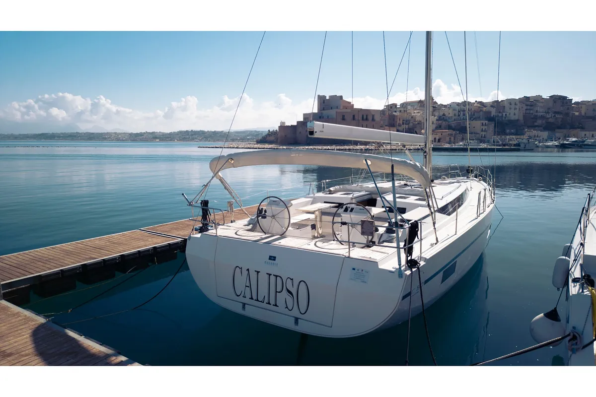 Exterior view of Calipso, a Bavaria C50 sailboat at Castellammare del Golfo, Italy