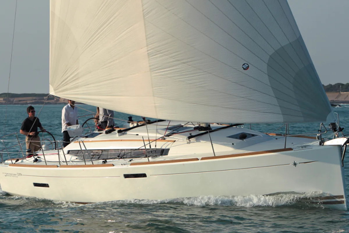 Exterior view of b'elli , a Jeanneau Sun Odyssey 379 sailboat at Kontokali, Greece