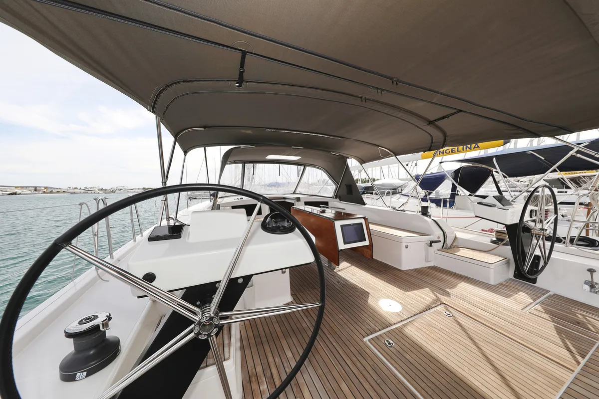 Cockpit of Dancer, a Dufour 530 sailboat at Općina Sukošan, Croatia