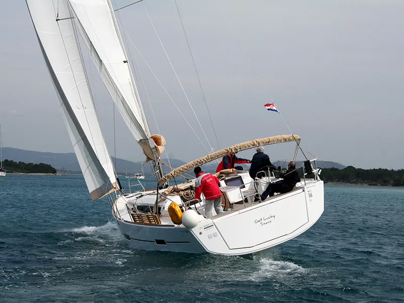 Exterior view of Get Lucky, a Dufour 460 Grand Large sailboat at Grad Šibenik, Croatia