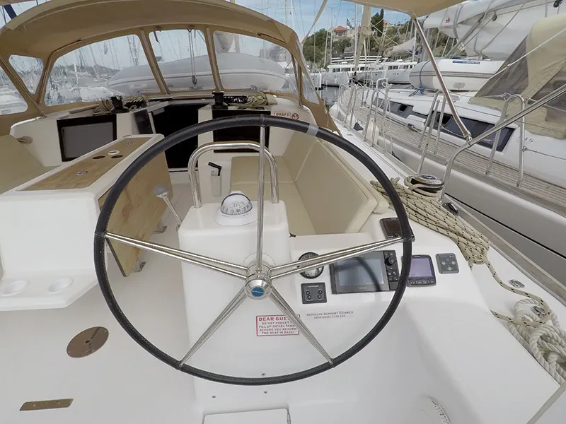 Cockpit of Get Lucky, a Dufour 460 Grand Large sailboat at Grad Šibenik, Croatia
