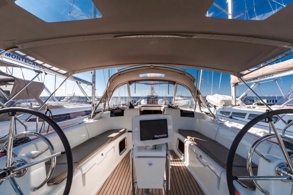 Cockpit of Nizza, a Jeanneau Sun Odyssey 449 sailboat at Capo d'Orlando, Italy