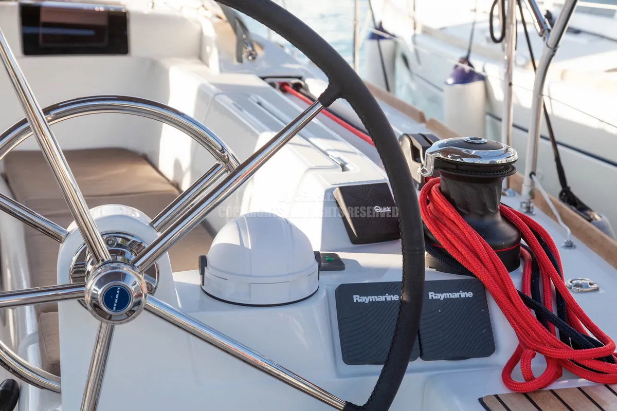 Cockpit of Nizza, a Jeanneau Sun Odyssey 449 sailboat at Capo d'Orlando, Italy