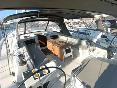 Cockpit of Tano, a Dufour 530 sailboat at Cagliari, Italy